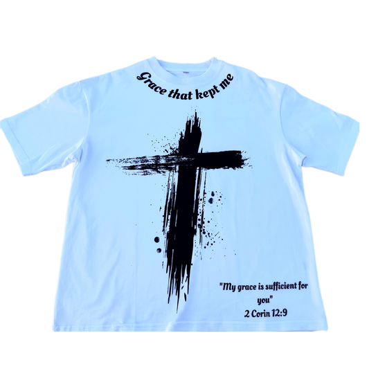 OVERSIZED GRACE THAT KEPT ME TEE WHITE W/ CROSS UNISEX